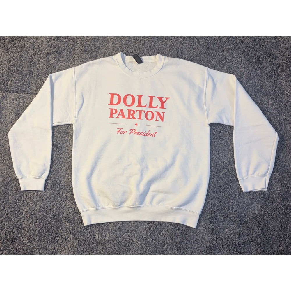 Gildan Dolly Parton For President Sweatshirt White Graphic Pullover Medium
